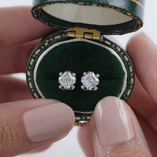 Asscher Cut Lab Diamond Two Tone Stud Earrings