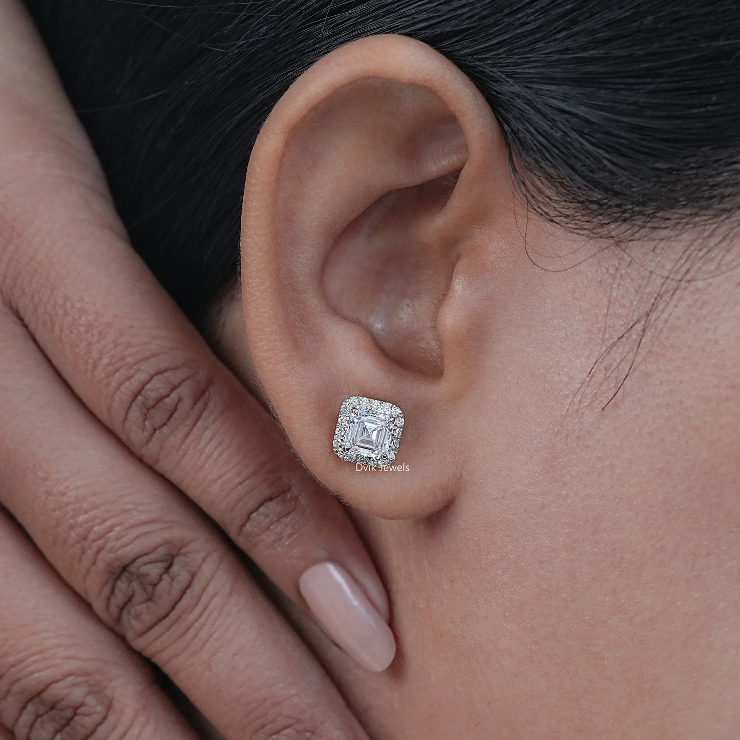 Asscher Cut Lab Diamond Halo Stud Earrings