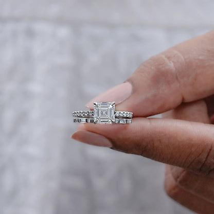 Square Emerald Cut Diamond Solitaire Accent Ring Set