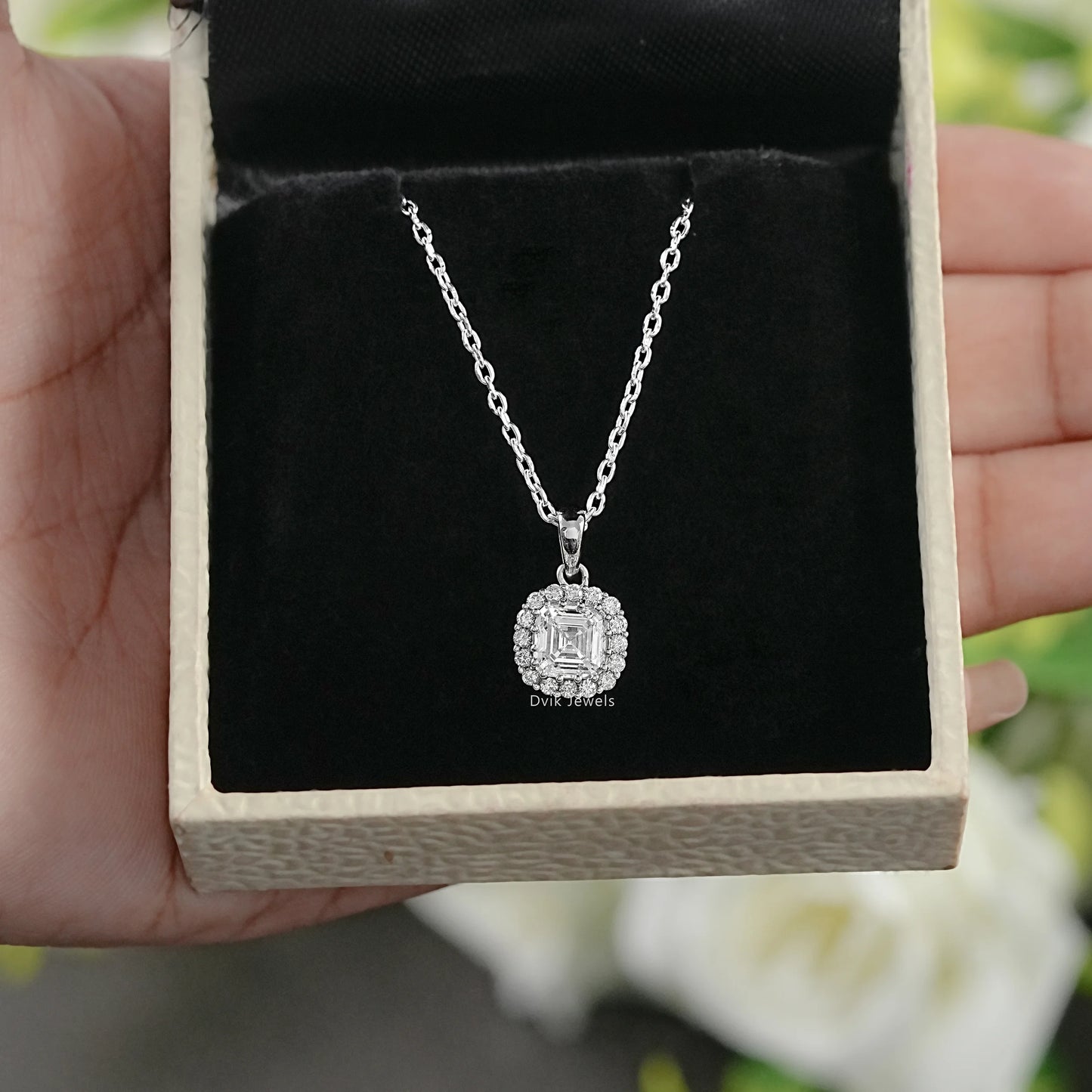 Lab Grown Asscher Diamond Halo Pendant