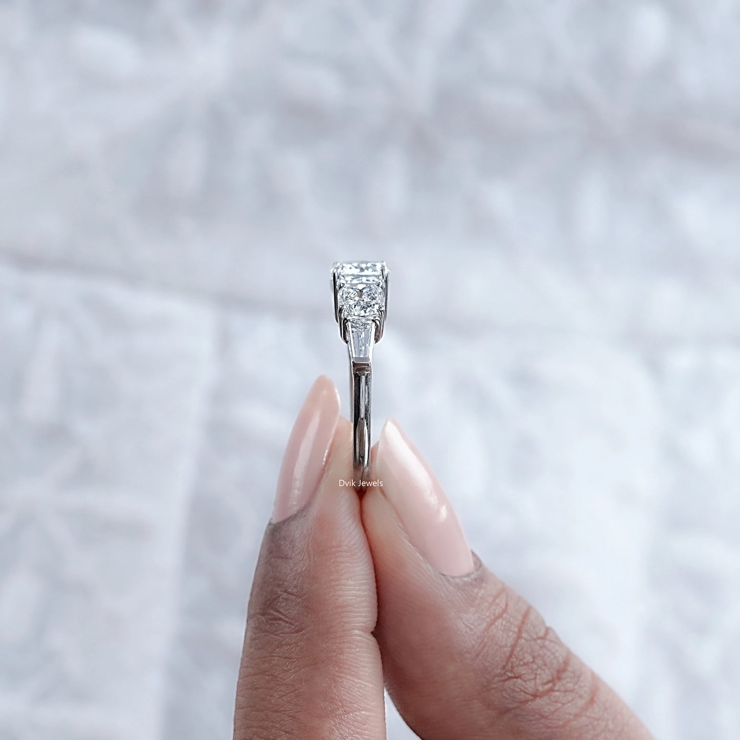 Square Cushion And Baguette Diamond Five Stone Ring