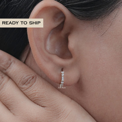 Baguette and Round Diamond Huggie Earrings