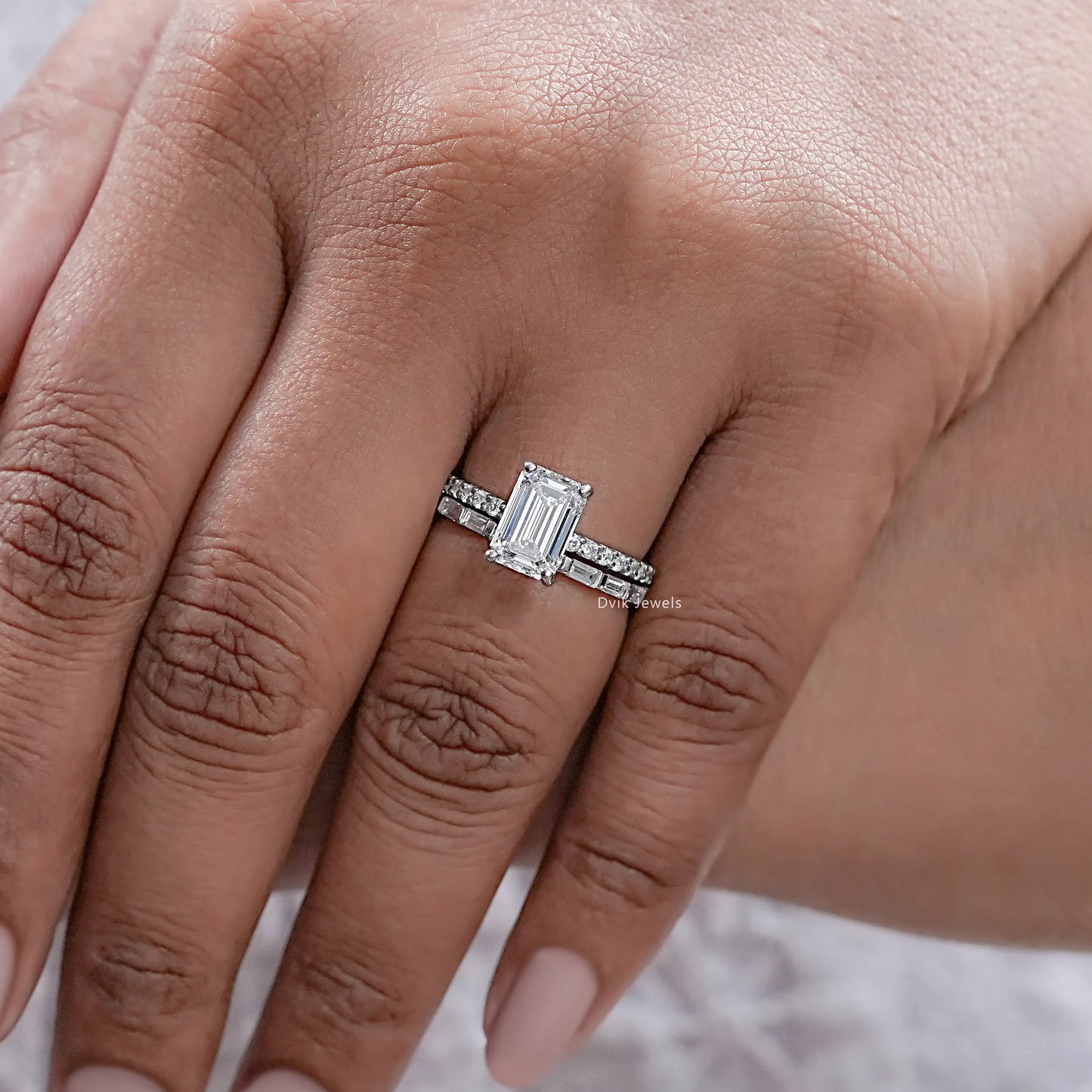 Solitaire Accent Emerald Cut Diamond Bridal Ring Set