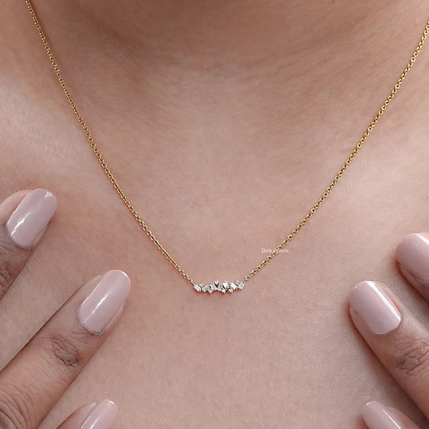 Round And Baguette Diamond Bar Necklace