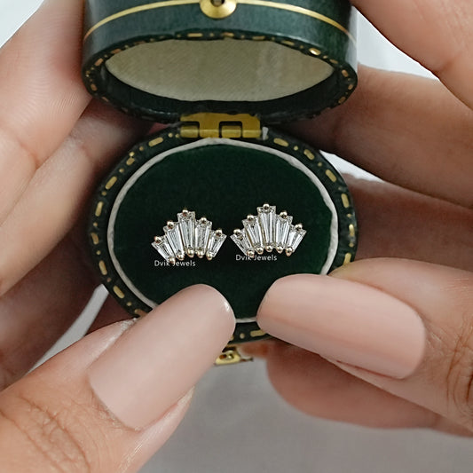 Baguette Cut Lab Diamond Fan Cluster Stud Earrings