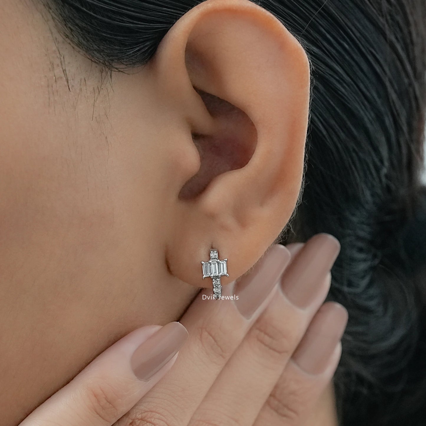 Baguette and Round Cut Lab Diamond Hoop Earrings Earrings