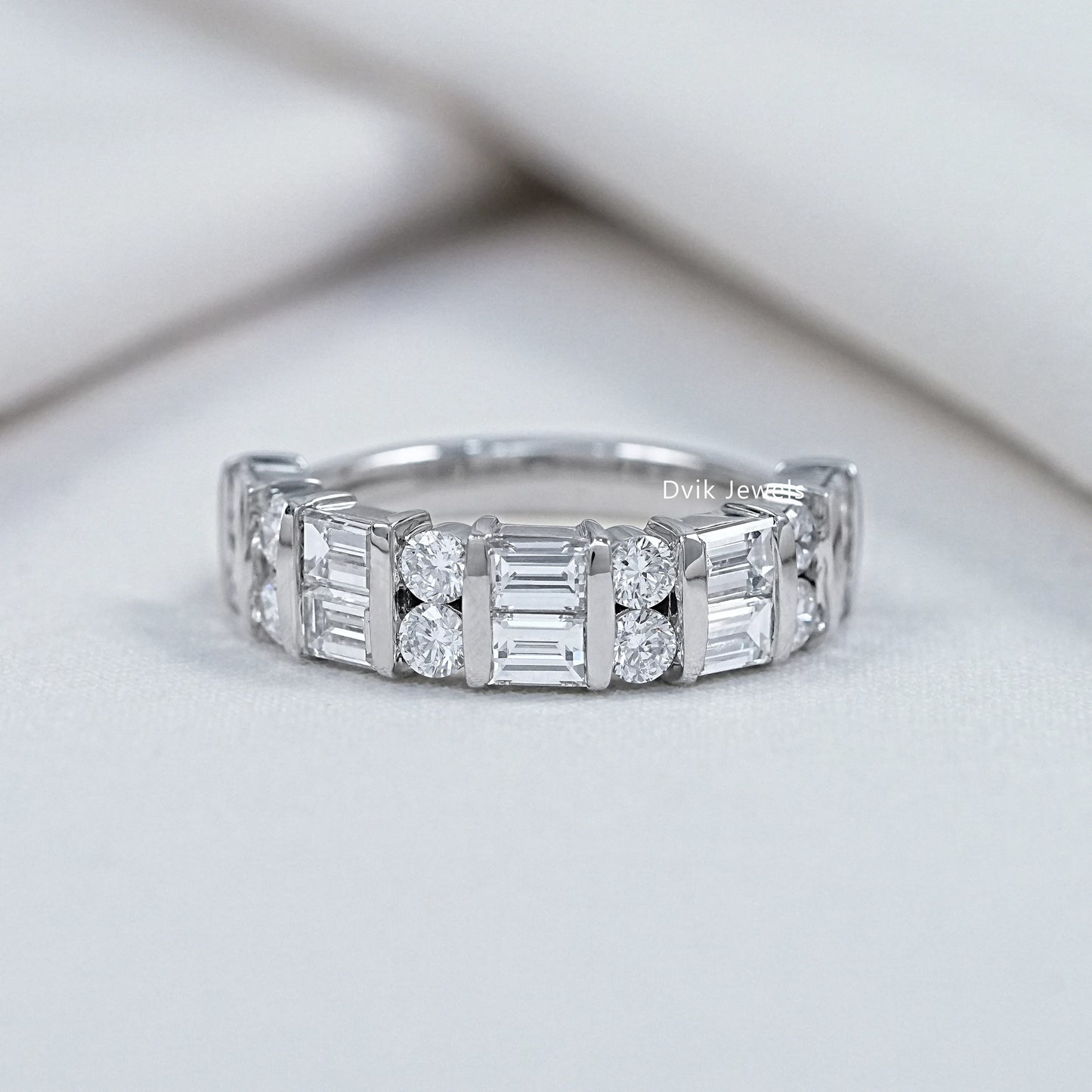 Baguette And Round Lab Diamond Wedding Band