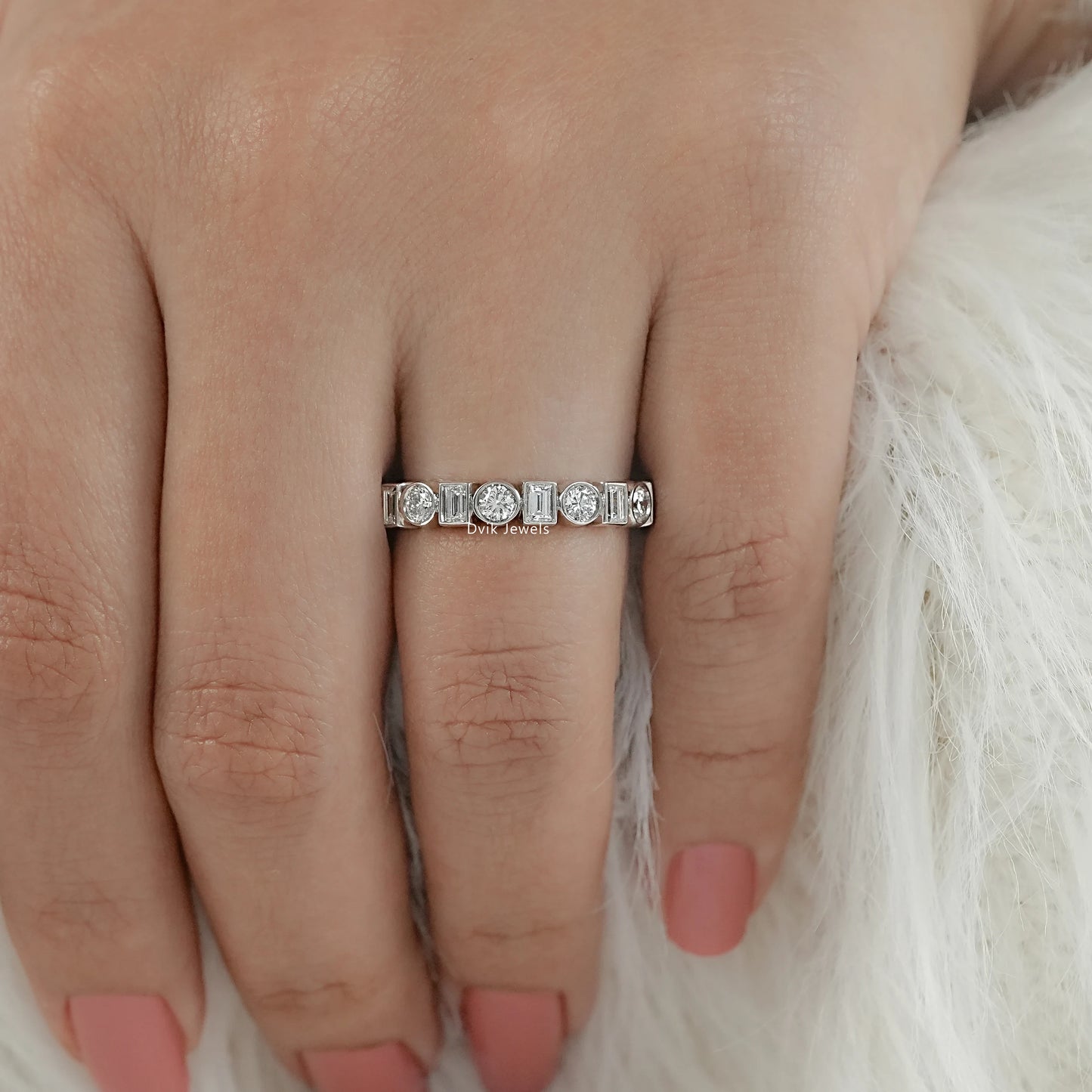 Bezel Set Round & Baguette Diamond Half Eternity Band