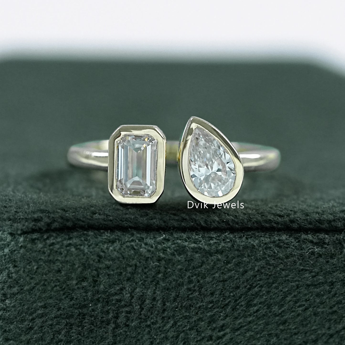 Bezel Set Emerald and Pear Cut Lab Grown Diamond Toi Moi Ring by Dvik Jewels