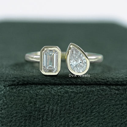 Bezel Set Emerald and Pear Cut Lab Grown Diamond Toi Moi Ring by Dvik Jewels