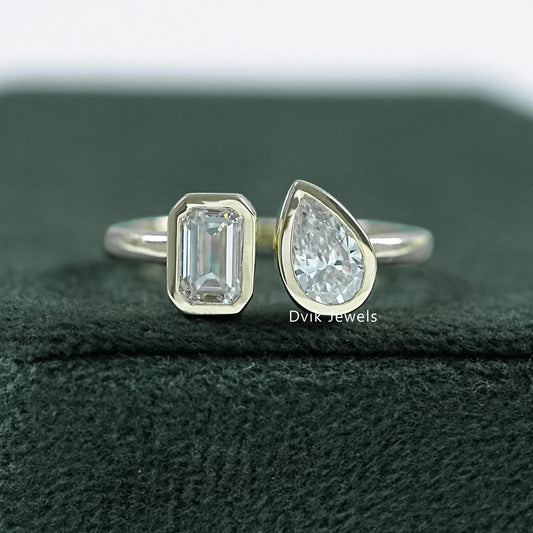 Bezel Set Emerald and Pear Cut Lab Grown Diamond Toi Moi Ring by Dvik Jewels