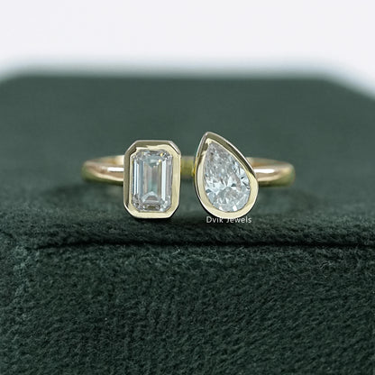 Bezel Set Emerald And Pear Cut Lab Diamond Toi Moi Ring