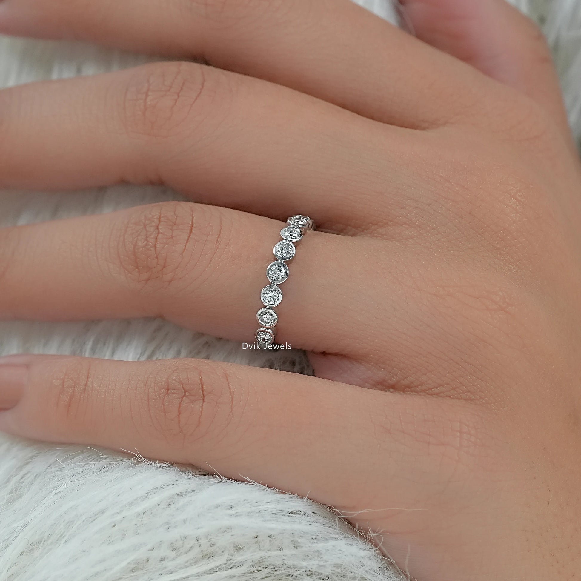 Round Cut Lab Diamond Bezel Set Half Eternity Band Ring
