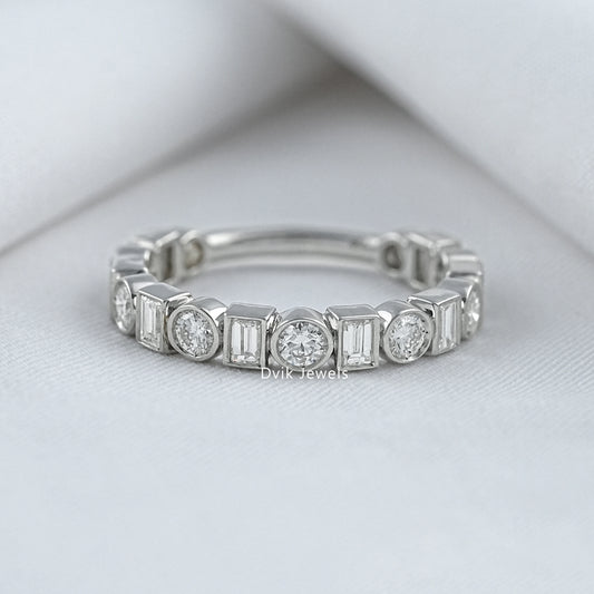 Bezel Set Round & Baguette Diamond Half Eternity Band