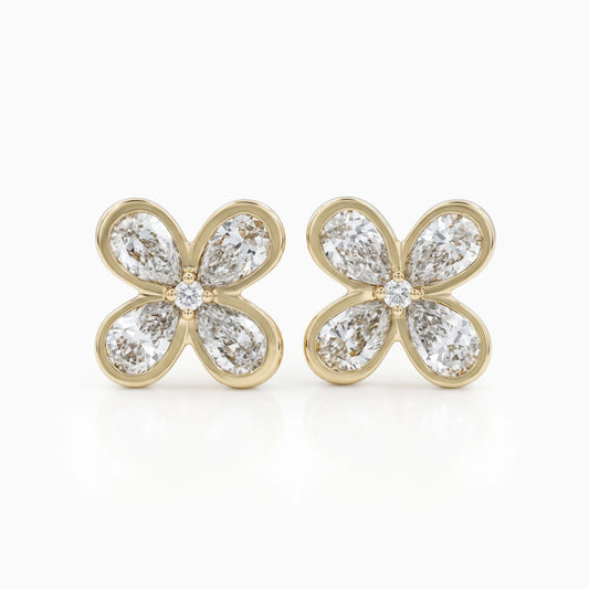 Bezel Set Pear Diamond Floral Stud Earrings