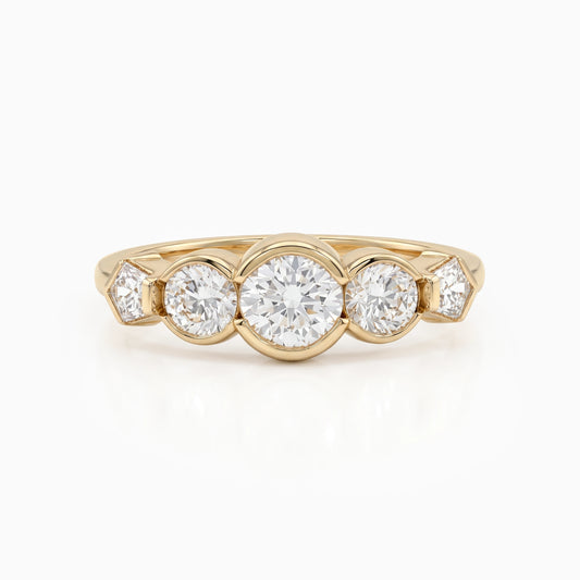 Bezel Set Round And Pentagon Diamond Five Stone Ring Ring