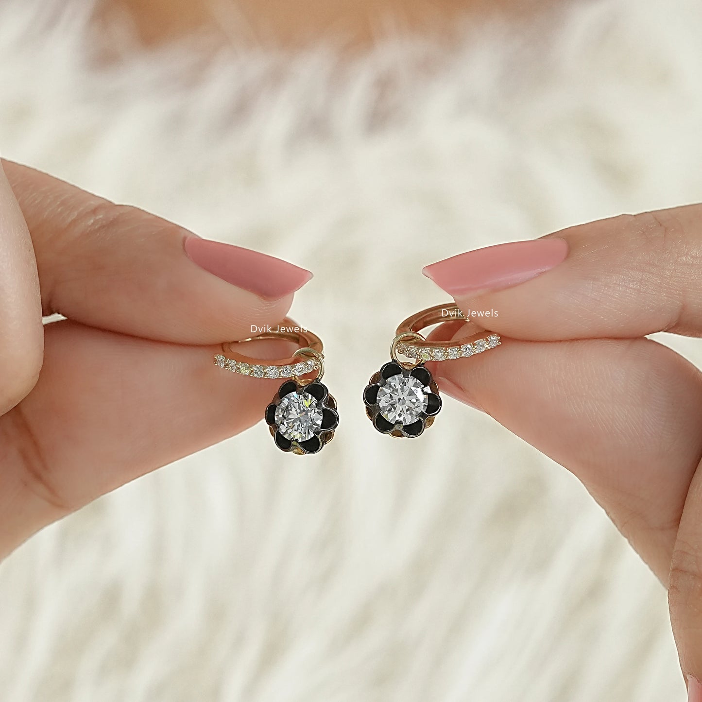 Floral Diamond Drop Earrings with Black Enamel Petals