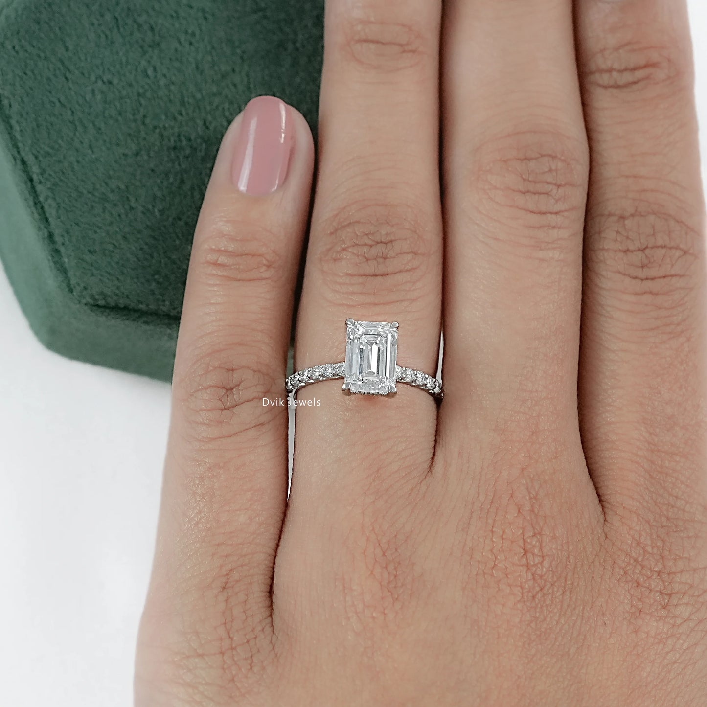 Emerald Cut Lab Diamond Hidden Halo Solitaire Accent Ring