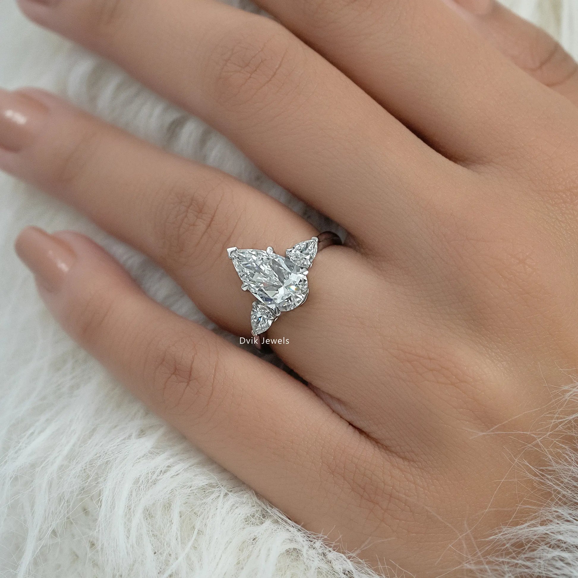 Three Stone Pear Cut Lab Diamond Engagement Ring Ring