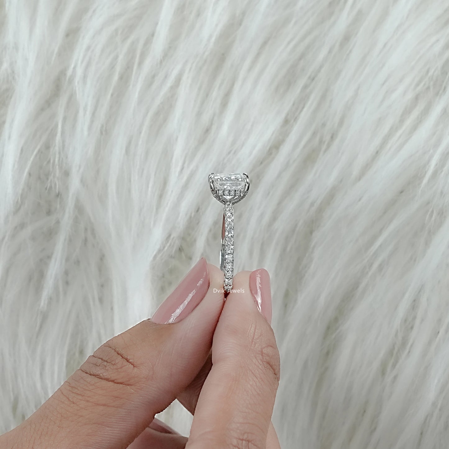 Princess Cut Lab Diamond Pave Set Solitaire Accent Ring