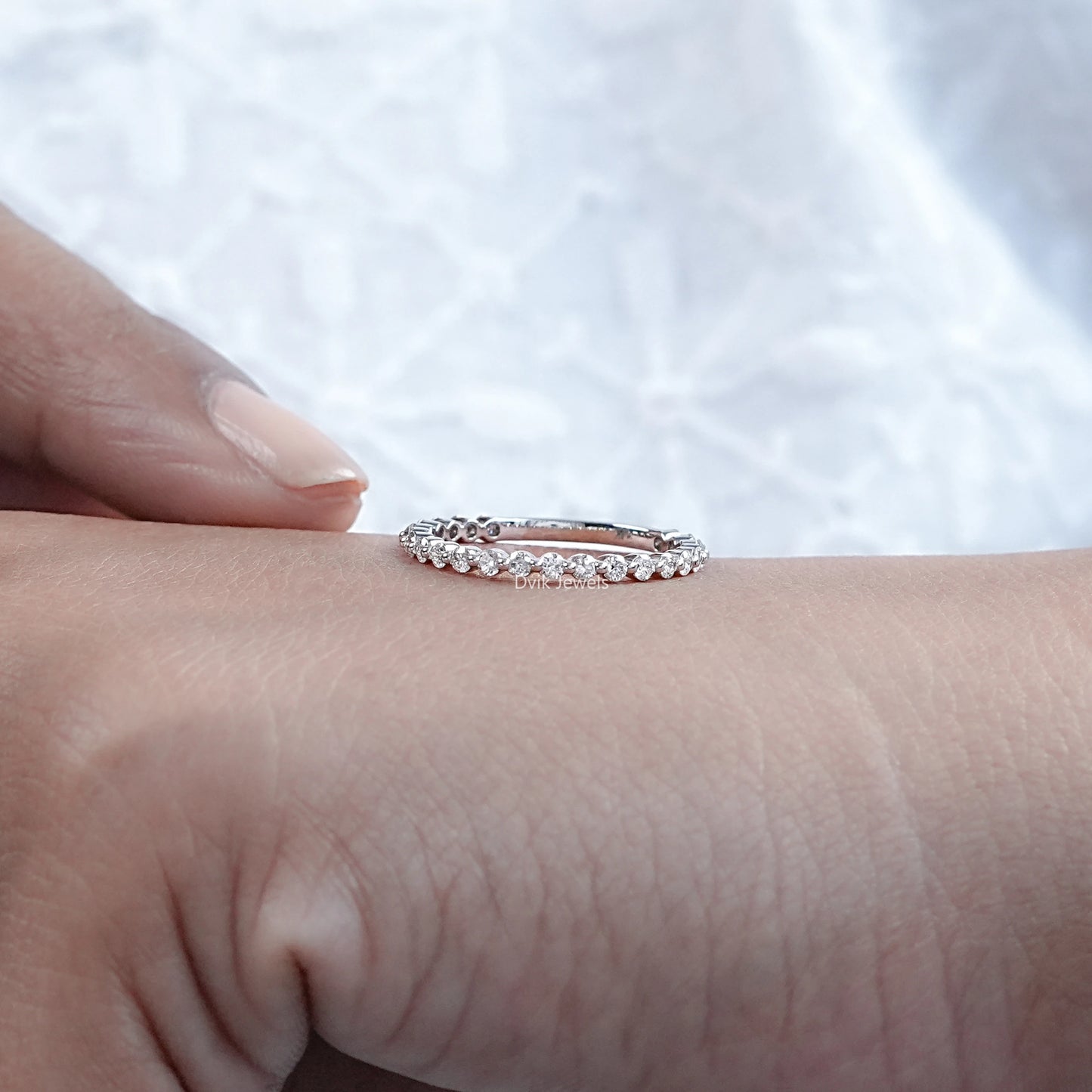 Tiny Round Diamond Half Eternity Wedding Band