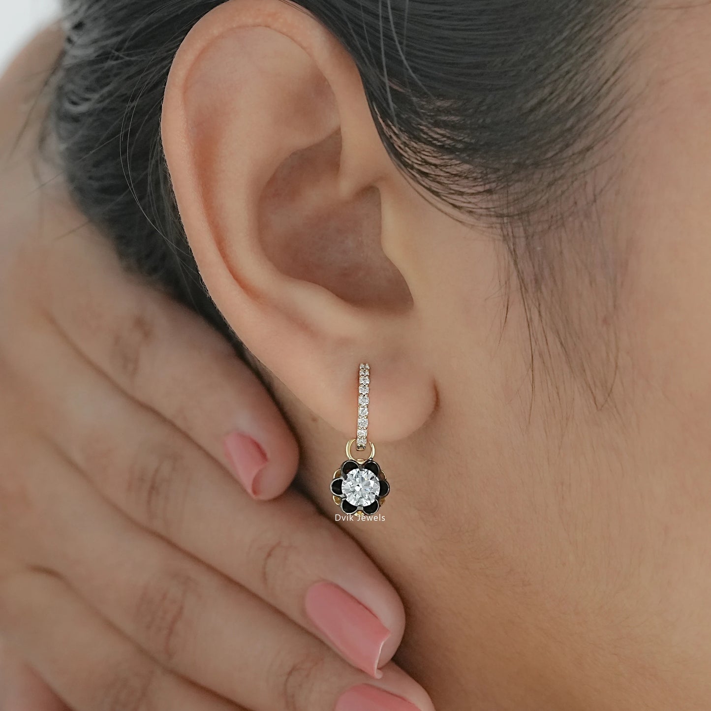 Floral Diamond Drop Earrings with Black Enamel Petals