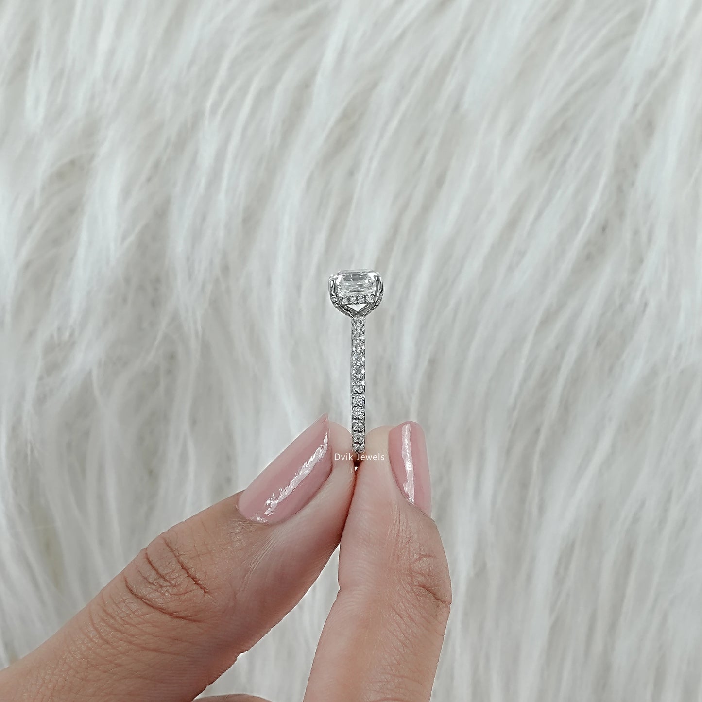 Asscher Cut Lab Diamond Accent Ring with Pave Band