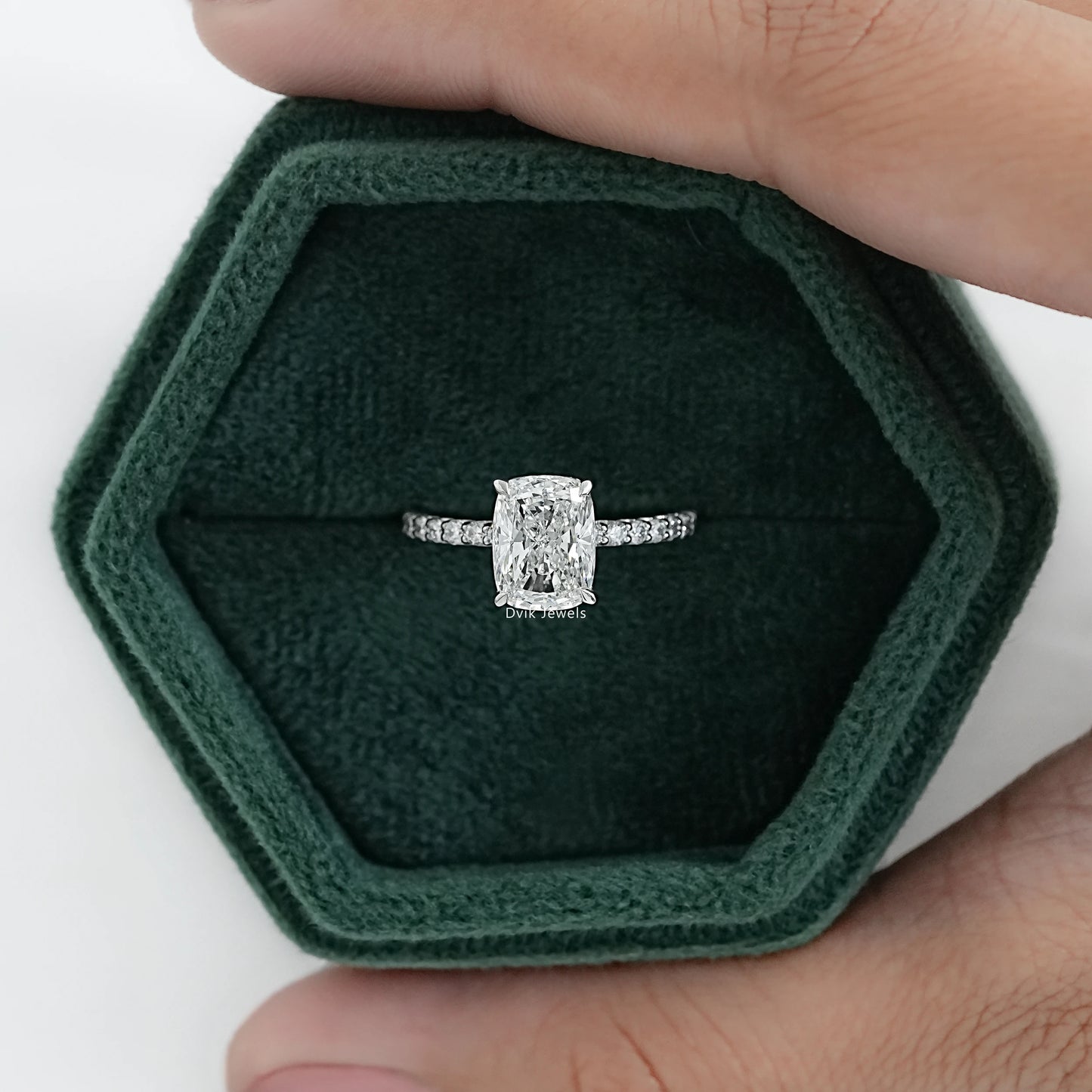 Cushion Cut Lab Diamond Engagement Ring With Pave Band