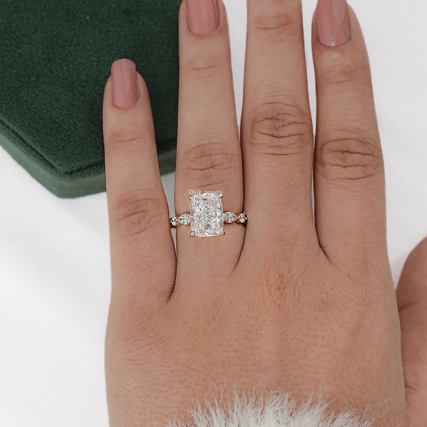 Cushion Cut Diamond Ring with Marquise Side Stones