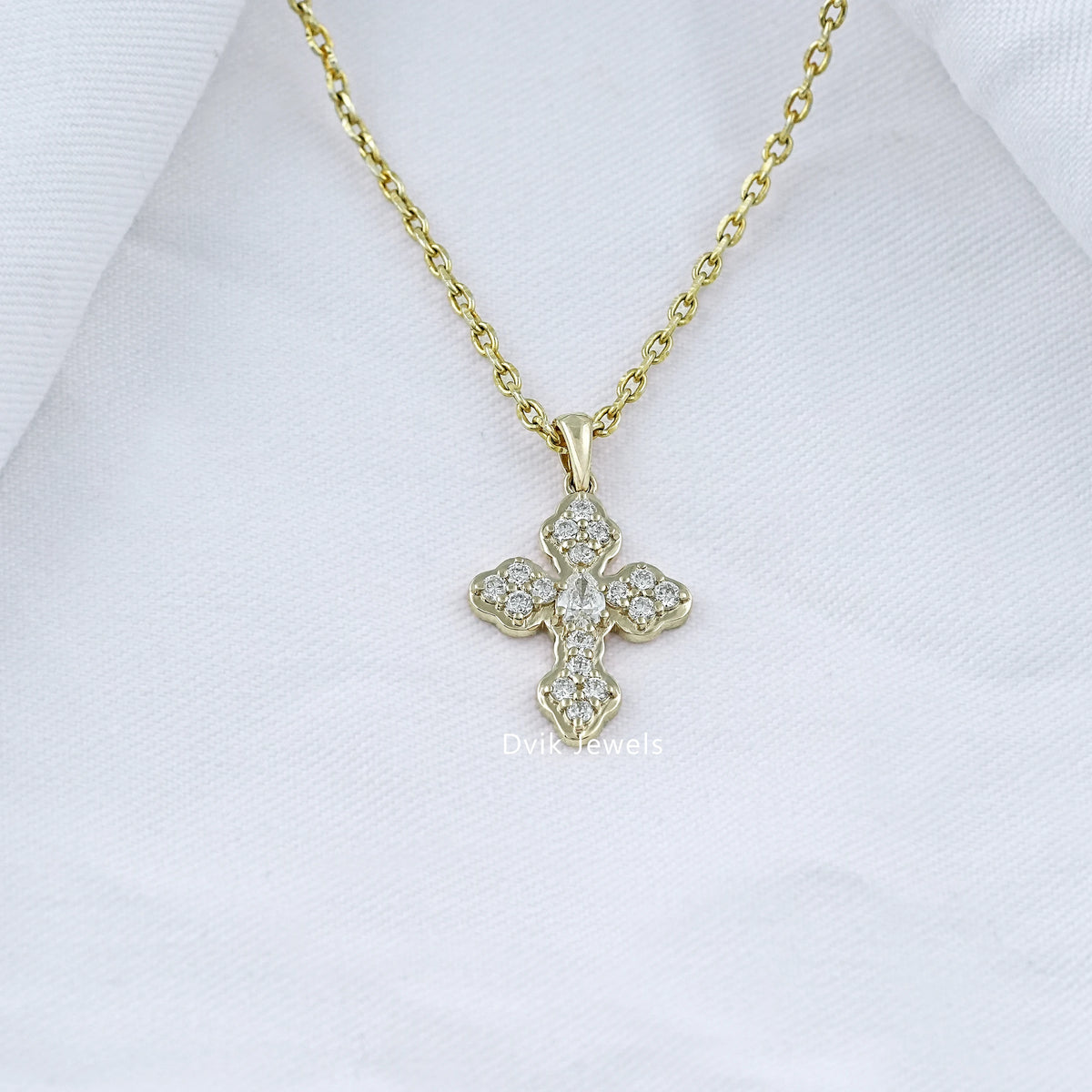 Pear And Round Cut Lab Diamond Cross Pendant Necklace Pendant