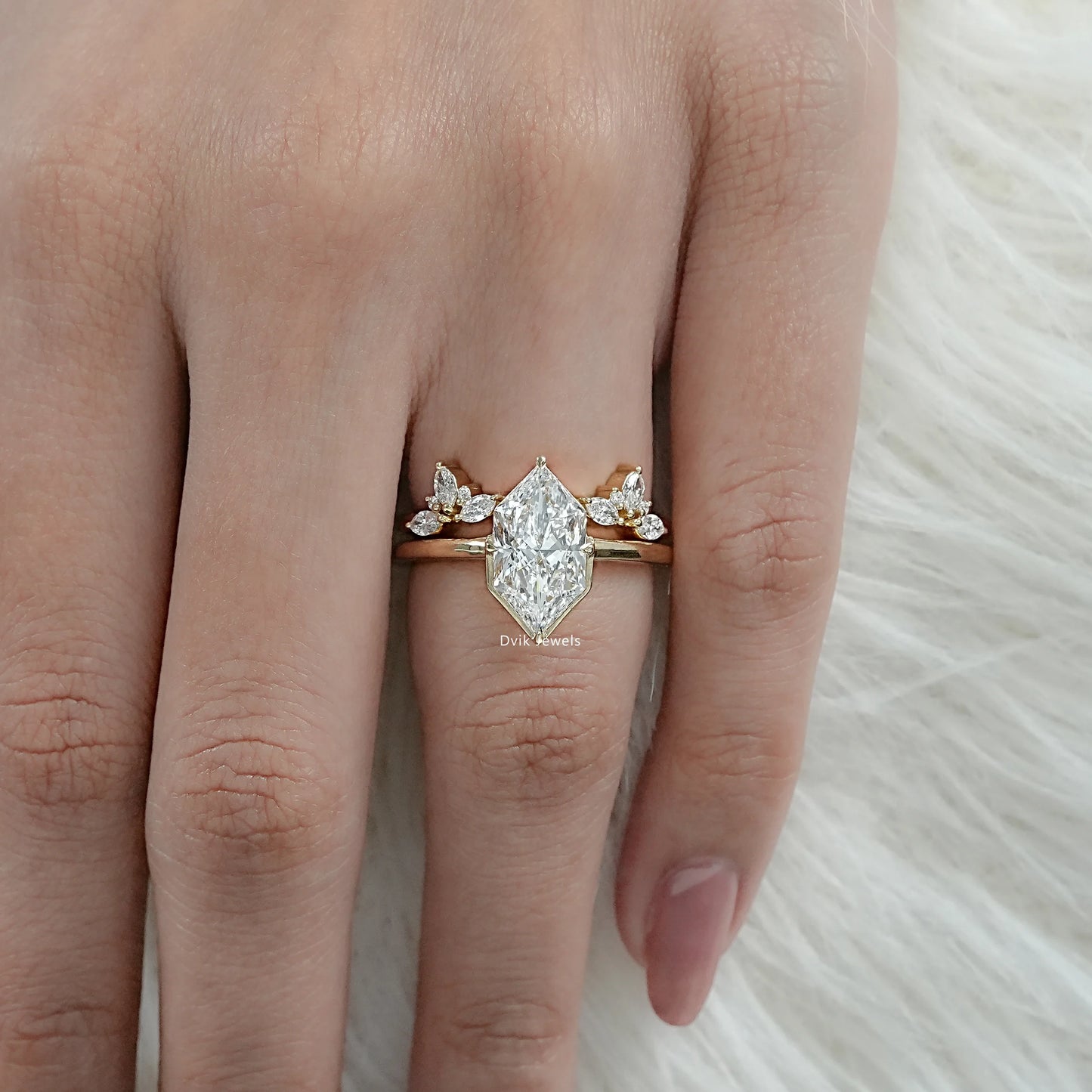 Dutch Marquise Cut Lab Grown Diamond Bridal Set Ring hand view featuring Round Cut accents