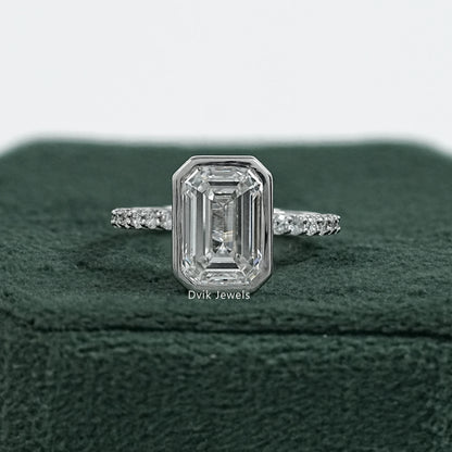 Bezel Set Emerald Cut Lab Diamond Solitaire Accent Ring