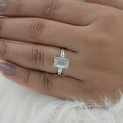 Emerald Cut Lab Diamond Tapered Baguette Side Stone Ring