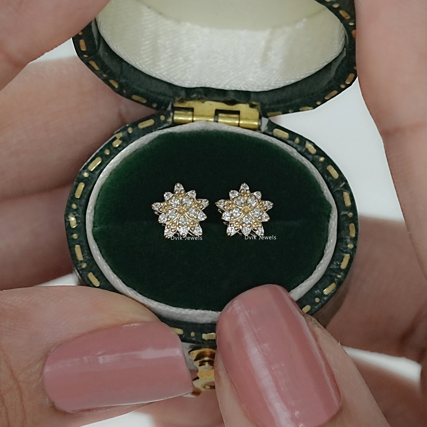 Blooming flower round cut lab diamond stud earrings in green box by Dvik Jewels