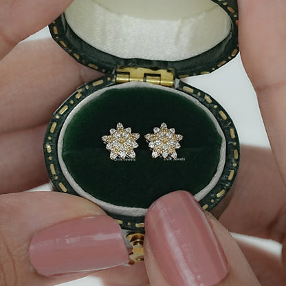 Blooming flower round cut lab diamond stud earrings in green box by Dvik Jewels