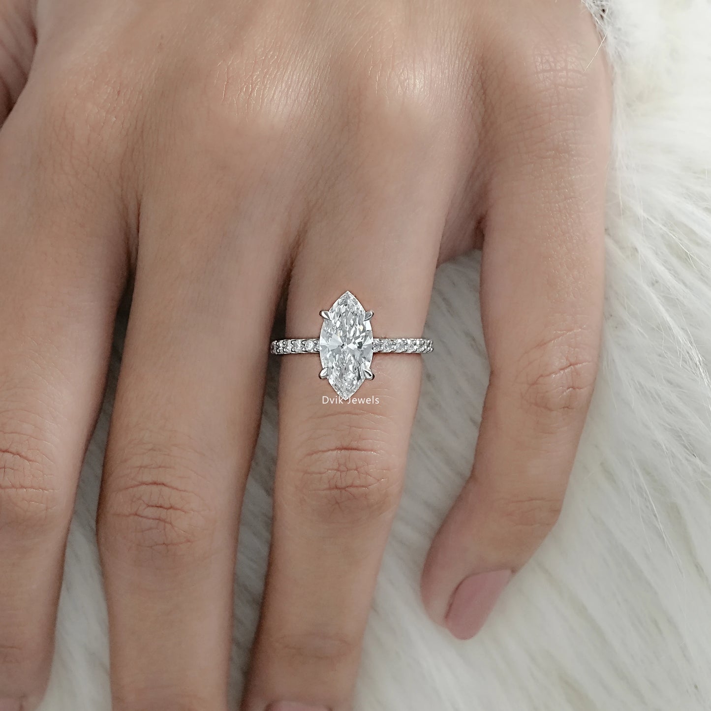 Marquise Cut Lab Diamond Engagement Ring with Pave Band