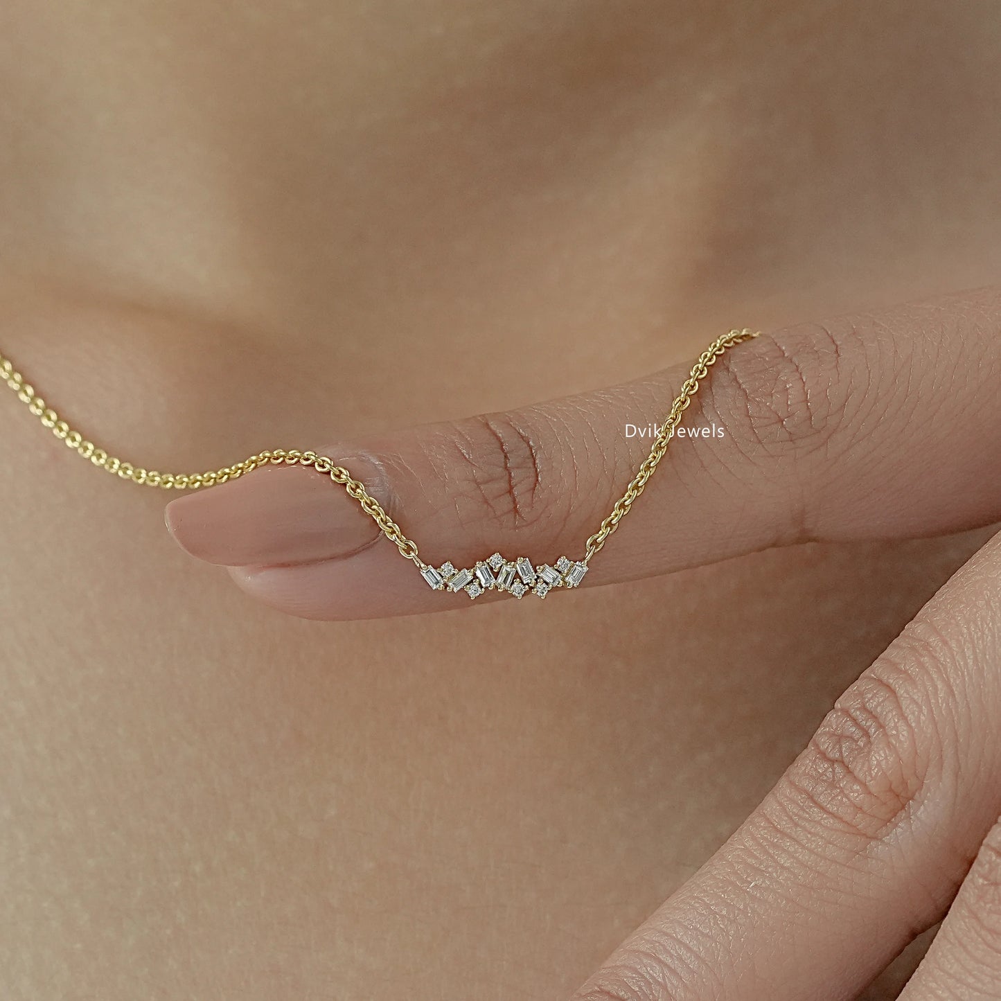 Baguette and Round Diamond Bar Necklace Pendant
