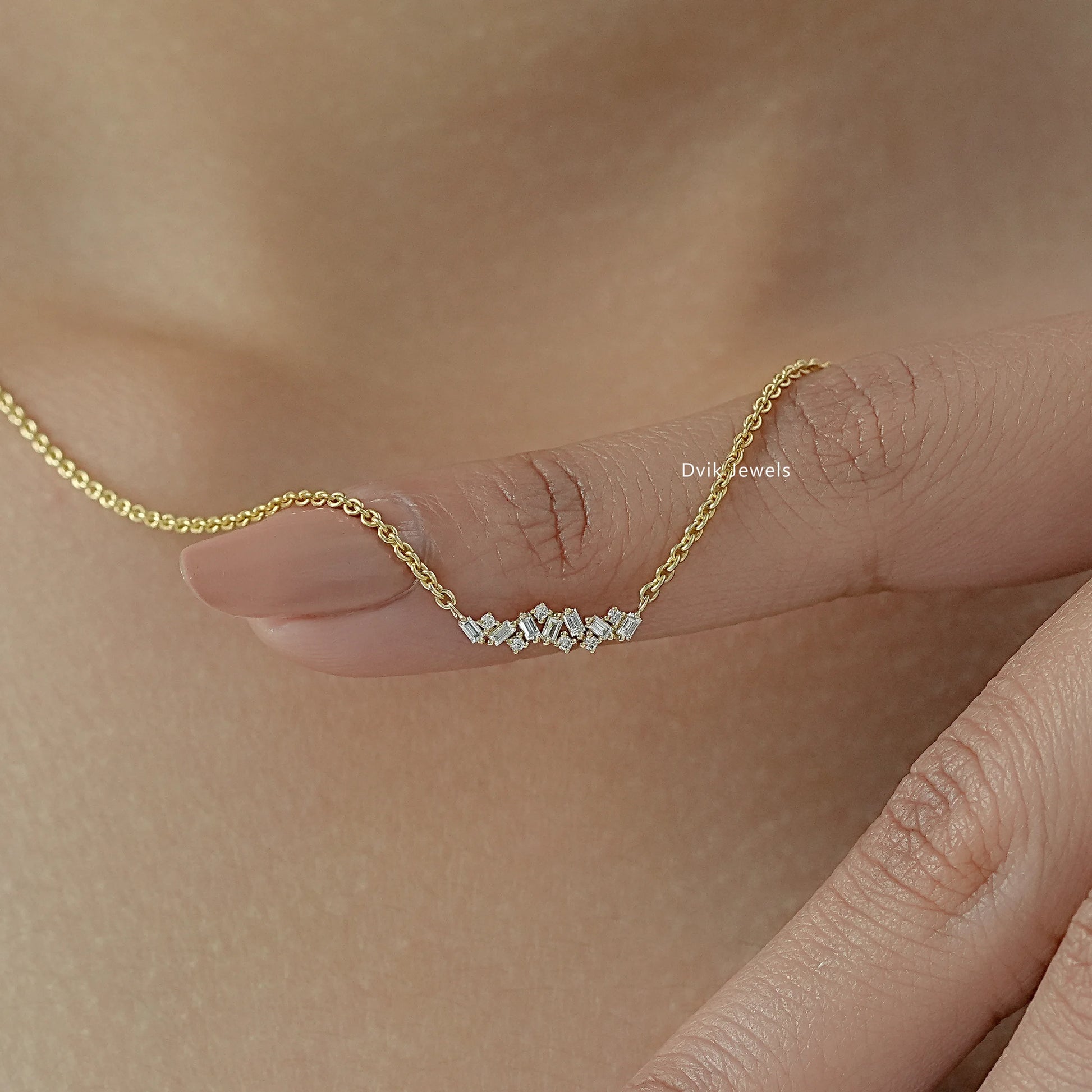 Baguette and Round Diamond Bar Necklace Pendant