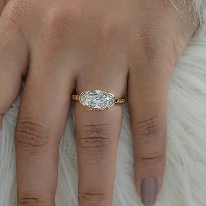 Old Mine Moval Cut Lab Diamond Solitaire Ring with Half Bezel Accent