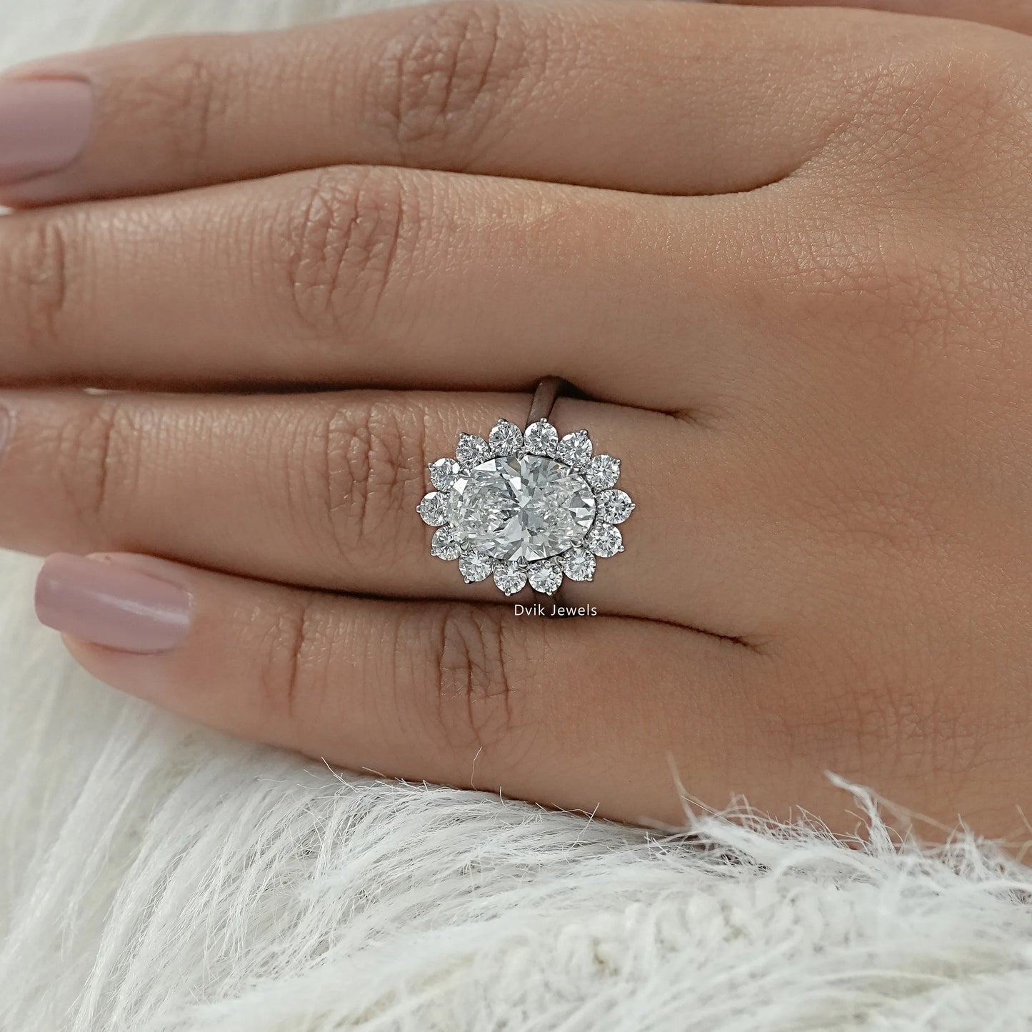 Floral engagement rings with lab created diamond halo top view