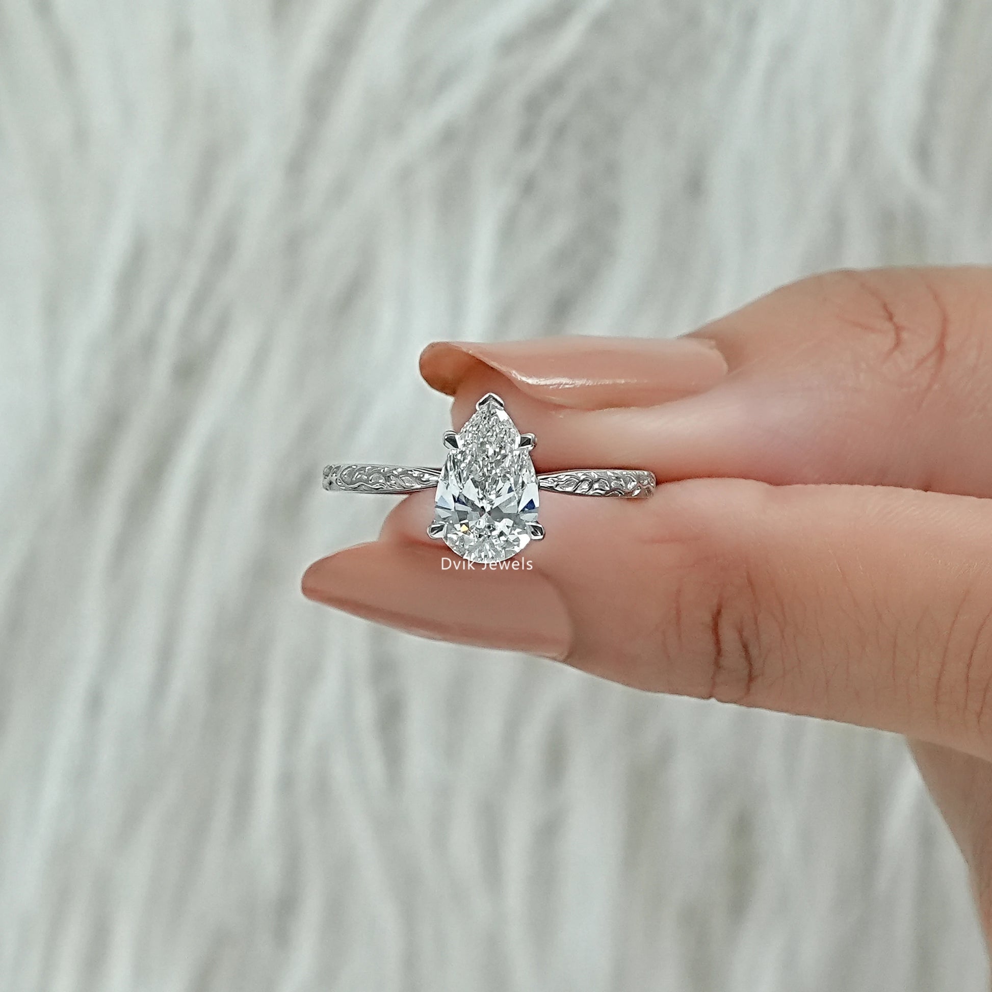 Pear Cut Lab Diamond Solitaire Ring With Engraved Band Ring