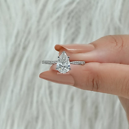 Pear Cut Lab Diamond Solitaire Ring With Engraved Band Ring