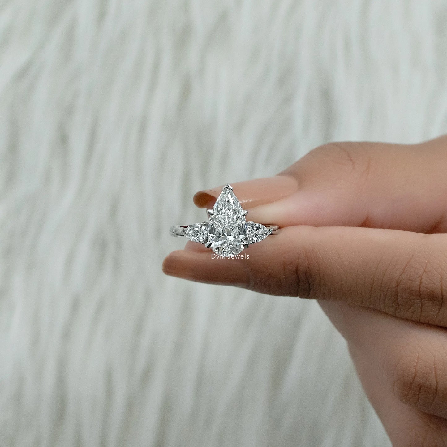 Three Stone Pear Cut Lab Diamond Engagement Ring Ring