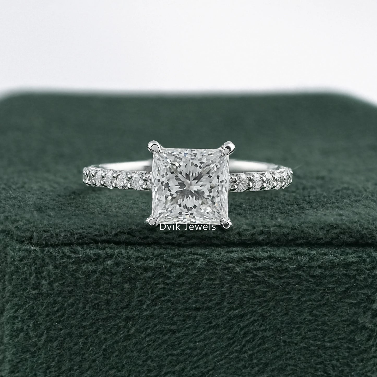 Princess Cut Lab Diamond Pave Set Solitaire Accent Ring