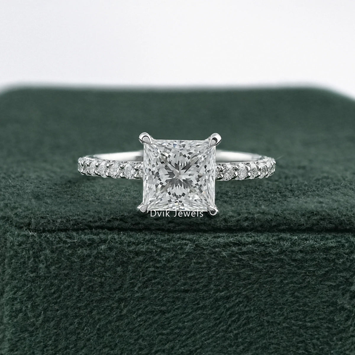 Princess Cut Lab Diamond Pave Set Solitaire Accent Ring Ring