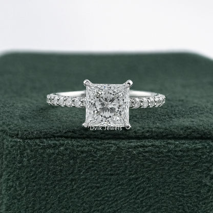 Princess Cut Lab Diamond Pave Set Solitaire Accent Ring