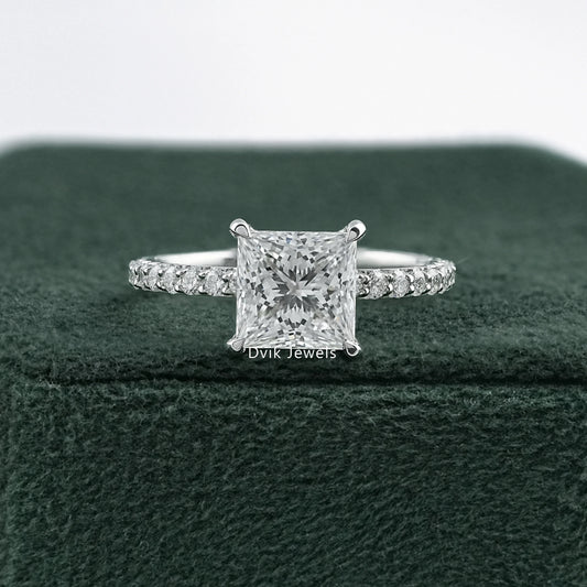 Princess Cut Lab Diamond Pave Set Solitaire Accent Ring