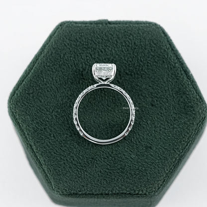 Radiant Cut Lab Grown Diamond Pave Band Engagement Ring held on jewelry box showing middle detailing
