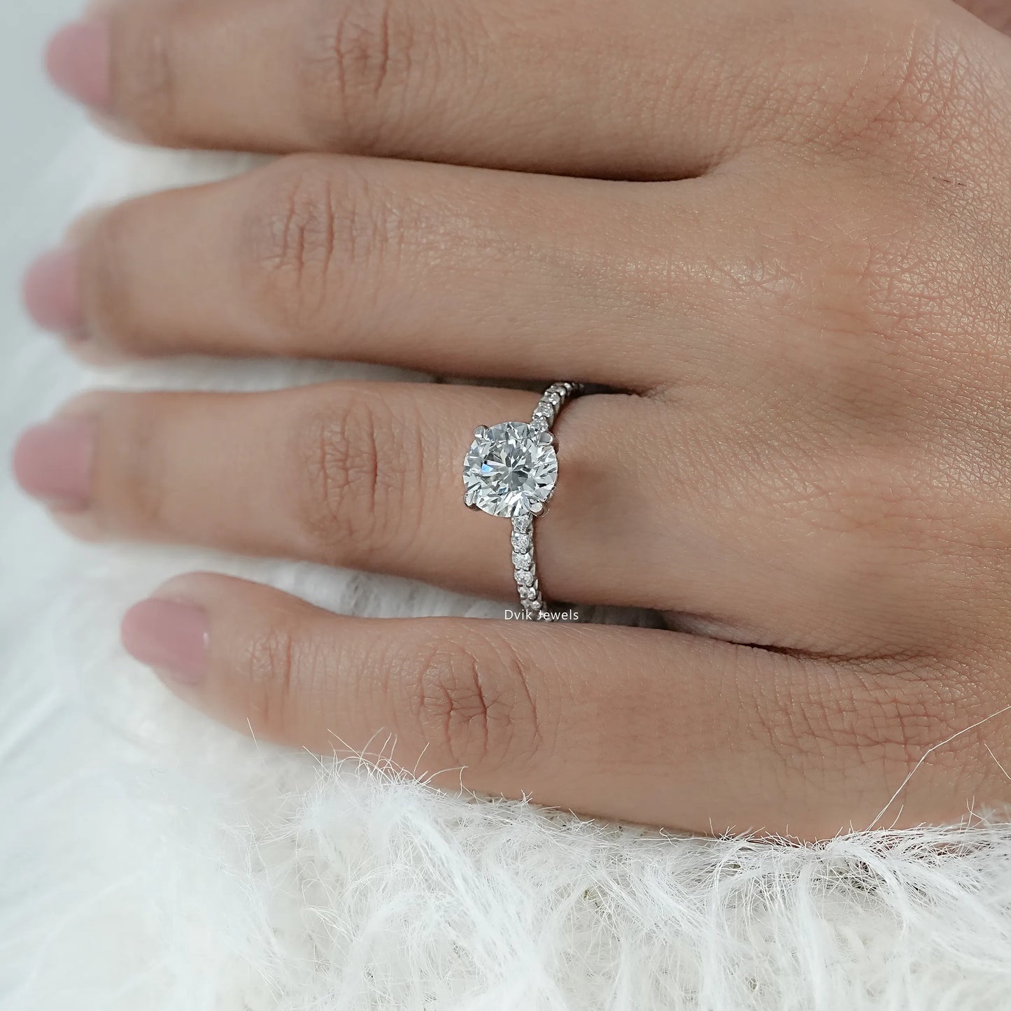 Round Cut Lab Diamond Pave Set Solitaire Ring