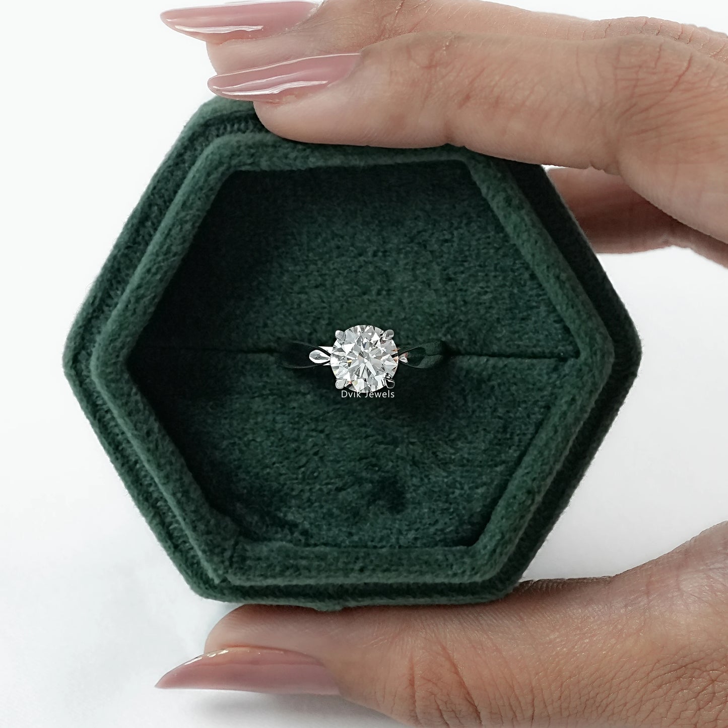 EF-VS clarity Lab Diamond Round Brilliant Cut Solitaire Ring displayed in jewelry box front view